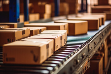 boxes on conveyor rollers belt ready to be shipped. Shipping and transfer of goods. Generative AI