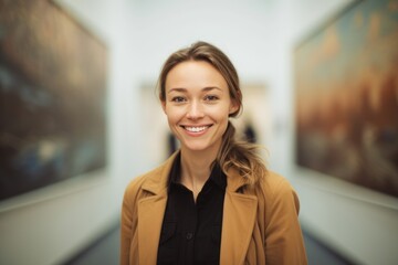 Medium shot portrait photography of a joyful girl in her 30s wearing an elegant long-sleeve shirt against a modern art gallery background. With generative AI technology