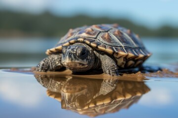 Sticker - close-up of baby turtle's shell, with the reflection of the ocean in the background, created with generative ai