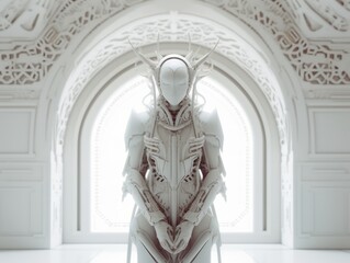 A futuristic female mannequin in a white dress and mask stands in a futuristic white room interior Symmetrical composition Created with Generative AI technology