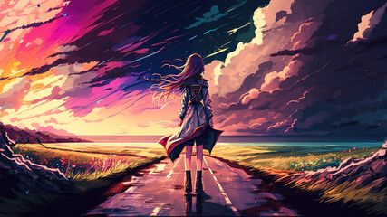 a fantasy inspired anime illustration of a woman standing alone on a big road thinking about life and future, generative ai technology