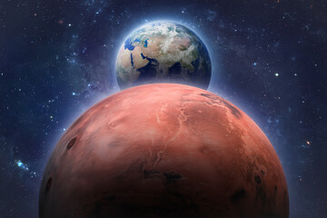 Poster - Earth surface and Mars in deep blue space. Solar system planets collage. Universe sci-fi wallpaper. Elements of this image furnished by NASA