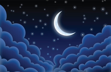 beautiful starry crescent moonlit night above the clouds vector background