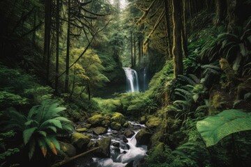 Wall Mural - forest with cascading waterfall and greenery in the background, created with generative ai