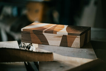 Small wooden box on carpentry table