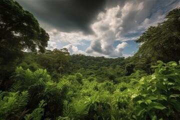 Wall Mural - tropical forest with dense foliage and clouds in the sky, created with generative ai