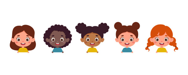 Set of multicultural kid girl heads. Children peeking out. Cartoon child characters. Vector illustration