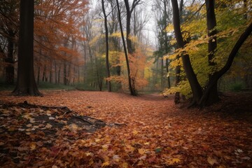 Wall Mural - autumnal scene, with trees in full color and fallen leaves on the ground, created with generative ai