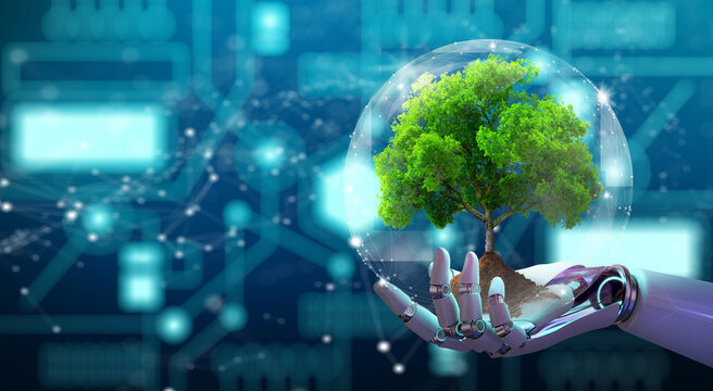 Wall Mural -  - Robot hand holding growing tree with wireframe globe. Network connection and Circuit Converging point background. Green IT, Nature Technology interaction, and Ecology concept. 