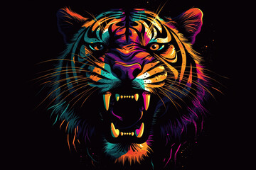 Tiger. Abstract, multicolored, neon portrait of a tiger looking forward, in the style of pop art on a black background. Generative AI illustration