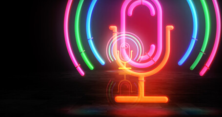 Poster - Microphone icon music podcast symbol neon light 3d illustration