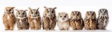 Fototapeta Zwierzęta - Many Owls Sitting A Whitte Banner Background. Generative AI