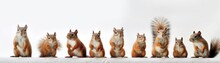 Many Squirrels Sitting A Whitte Banner Background. Generative AI