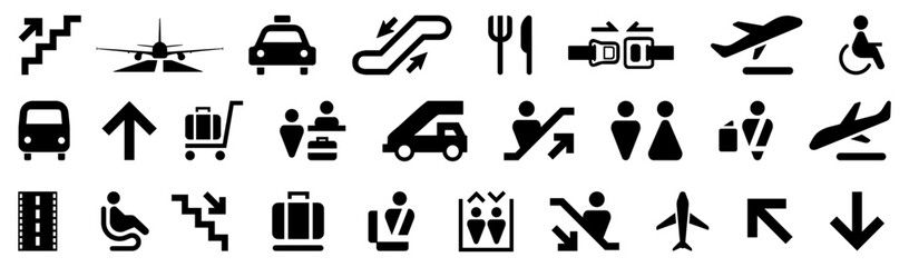 Poster - Black airport icon collection. Set of black airport service icon. Airport signs collection