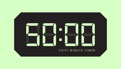 50 minute timer digital clock icon, retro led style. clock, stop watch button, showing fifty minutes