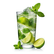 A crisp mojito cocktail with fresh mint leaves, isolated on a white background, created by Generative AI.

