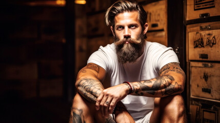 A rugged, bearded man exudes strength, his tattooed arm a testament to his journey. Casual in a white tee, he sits on a worn wooden box in a loft, exuding a raw and confident aura. Generative AI