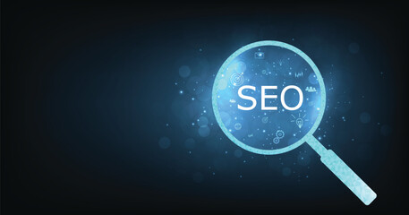 Poster - Search engine optimization (SEO) concept on dark blue background. Internet technology for business companies. Large magnifying glass for monitoring and analyzing data.