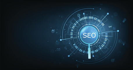 Poster - SEO, Search Engine Optimization concept. Smart search, Searching information data on internet networking concept.