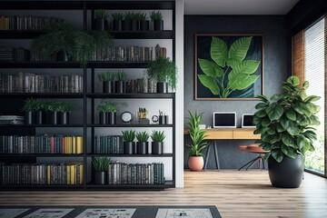 Wall Mural - bookshelves with books and plants on display in modern office, created with generative ai