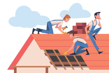 Sticker - Roof Repair with People Construction Workers Characters Working Vector Illustration