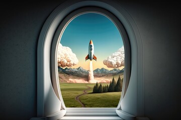 Wall Mural - cute rocket start, with view of scenic landscape visible through the window, created with generative ai