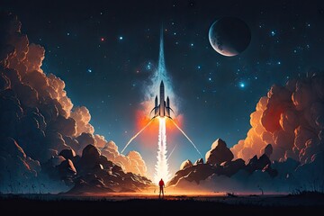 Wall Mural - a rocket blasting off into the night sky against a starry backdrop, created with generative ai