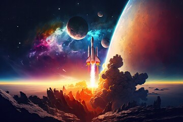 Wall Mural - rocket start, with the view of colorful and peaceful planet in the background, created with generative ai