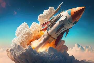 Canvas Print - rocket ship breaking the atmosphere, with view of blue sky and clouds visible, created with generati