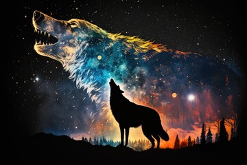 Wall Mural - double exposure of wolf howling at starry night sky, created with generative ai