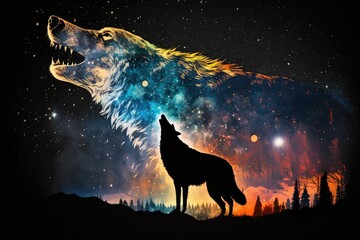 Canvas Print - double exposure of wolf howling at starry night sky, created with generative ai