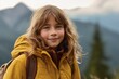 Lifestyle portrait photography of a grinning kid female wearing a durable parka against a scenic mountain trail background. With generative AI technology
