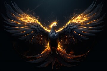 Wall Mural - Abstract Art of Phoenix with Fire Blazing Wings on Black Background Generative AI 