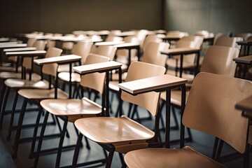 Wall Mural - empty wooden row lecture chairs in a classroom, with books and notebooks on the desks, created with generative ai