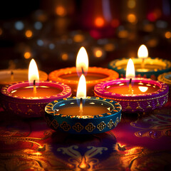 Close up image of lit diwali candles, colorful, Hindu festival of lights celebration, Generative AI