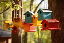 Brightly Colored Feeders Hanging From Birdhouses Among The Trees, Created With Generative Ai