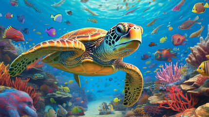 turtle with group of colorful fish and sea animals with colorful coral underwater in ocean, Generative A