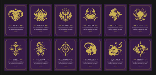 Wall Mural - zodiac symbols astrology horoscope vintage card design with description set vector illustration