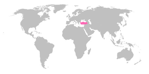  Vector map of the world with the country of Turkey highlighted in Pink on grey white background.