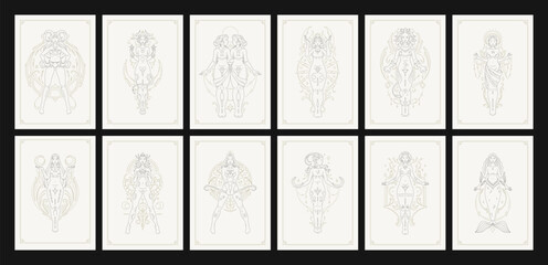 Wall Mural - horoscope antique female zodiac symbol goddess line art deco poster design set vector