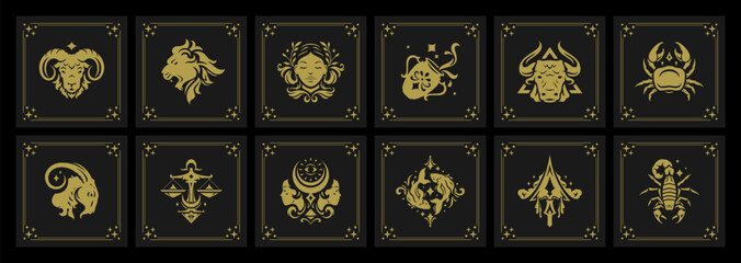 Wall Mural - zodiac symbols vintage golden card with antique ornate frame decorative design set vector