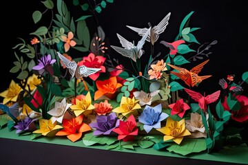 Wall Mural - paper garden, with origami flowers and foliage, created with generative ai