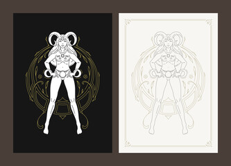 Wall Mural - aries zodiac mythology woman goddess celestial lunar calendar line art deco poster design set vector