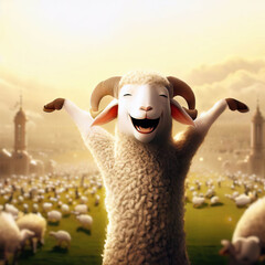 Wall Mural - 3D Render of A Happy Sheep Celebrating Eid Al-Adha