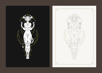 Wall Mural - Taurus horoscope zodiac woman antique goddess line art deco poster design set vector illustration