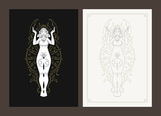 Wall Mural - cancer woman goddess mythology zodiac symbol line art deco poster design set vector illustration