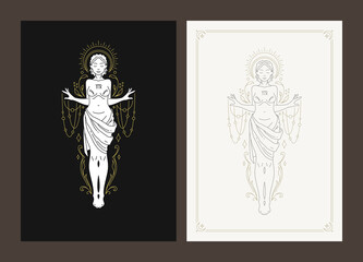 Wall Mural - virgo zodiac antique woman goddess celestial prediction line art deco poster design set vector