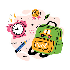 Poster - School Supply with Backpack, Medal, Pencil and Alarm Clock Vector Composition