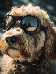 closeup portrait of a happy Goldendoodle with snowboard goggles outdoor. AI generative