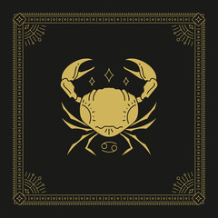 Wall Mural - cancer zodiac horoscope crayfish celestial lunar calendar line art deco vintage card design vector